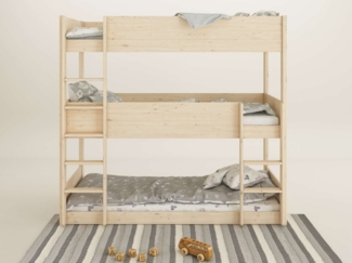 Lüttenhütt Etagenbett TIPO BESTSELLER! Stockbett, Hochbett, Bodenbett, platzsparend (Leitern beidseitig montierbar), mit 3 Schlafplätzen, FSC® zertifiziertes Massivholz (Kiefer)