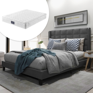 Polsterbett 140x200 cm mit Lattenrost und Federkernmatratze – Leinen in Grau, hoher Komfort
