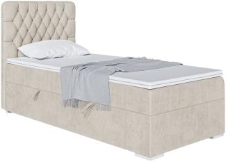 MEBLINI Boxspringbett DALIA 90x200 cm mit Bettkasten - H4/Creme Samt Gepolstert Einzelbett mit Topper & Taschenfederkern-Matratze - 90x200 Rechts