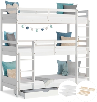 Etagenbett mit Matratzen 90x200 cm Kinderbett Dreifachbett Hochbett Bettkasten Weiß Holz Stockbett