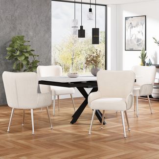 Stuhl 6er-Set, Samt, Beige, gepolstert mit Armlehnen und verstellbaren Metallfüßen