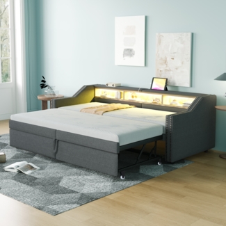 Merax Polsterbett, Doppelbett, Ausziehbares Schlafsofa 90/180 x 200 cm, Multifunktionales Staufach, LED-Licht und USB-Buchse, mit Lattenrost, Dunkelgrau