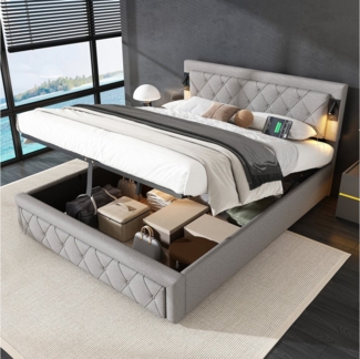 HAUSS SPOLE Polsterbett 160x200 cm mit Downlight, USB, Rautenstreifen-Kopfteil Leinen, Grau (Hydraulisches Stauraumbett mit Downlight und USB-Schnittstellen, 160x200 cm ohne Matratze), Für Schlafzimmer und Gästezimmer, bis zu 300 kg belastbar