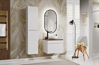 ICONIC WHITE Badmöbel-Set 60cm mit Waschtischplatte, Wiki-Aufsatzwaschbecken, Hochschrank und LED-Spiegel (46x60cm), Weiß matt,Eiche Santa Fe Vintage