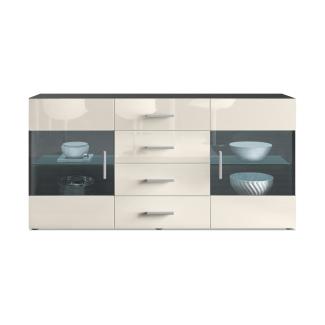 Sideboard Kommode Bari V1, Korpus in Schwarz matt / Front in Creme Hochglanz (139 x 72 x 35)