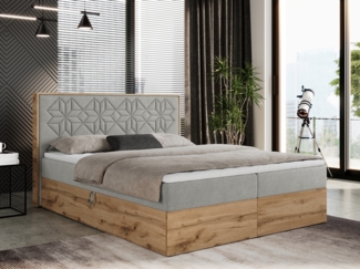 Boxspringbett mit Kopfteil und Topper, Polsterbett - NESSI - 120 x 200 cm - Hellgrau Stoff - H4 - Topper T25