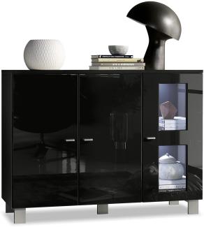 Vladon Sideboard Denjo, Kommode mit 3 Türen, Schwarz matt/Schwarz Hochglanz, inkl. LED-Beleuchtung (107 x 81 x 35 cm)