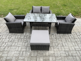 Fimous Polyrattan Gartenmöbel Set Terrassenmöbel Set mit Rattan Rechteckiger Esstisch Lounge Sofa mit Großer Fußhocker