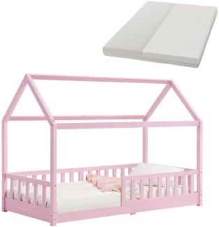 Juskys Kinderbett Marli 90 x 200 cm mit Matratze, Rausfallschutz, Lattenrost & Dach - Massivholz Hausbett für Kinder - Bett in Rosa