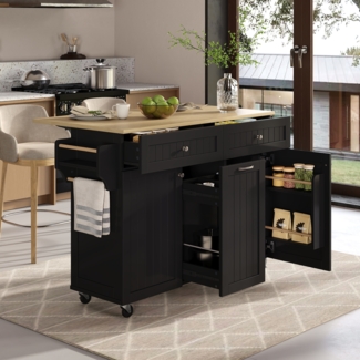 Merax Kücheninsel mit Rollen, Ausziehbarer Essbereich Kücheninsel mit Multifunktionsschubladen, Mobile Kücheninsel(Schwarz)