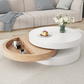 Merax Couchtisch, Obere Tischplatte 360° frei drehbar, Drehbarer Wohnzimmertisch mit Stauraum , Dreistufiger Sofatisch, 3Ablageflächen, Weidenholz