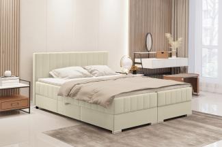 MEBLINI Boxspringbett PIAF 180x200 cm mit Bettkasten - H3B/Creme Samt Polsterbett - Doppelbett mit Topper & Bonellfederkern-Matratze