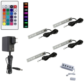 QLS LED Unterbauleuchte RGB 12V 2-8 Stück Schwarz, LED fest integriert, Glasbodenbeleuchtung Lichtleiste Fernbedienung 16 Farben Dimmbar
