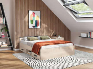 Vente-unique - Bett mit 2 Schubladen & 1 Ablage + Lattenrost - 140 x 190 cm - Naturfarben - PABLO