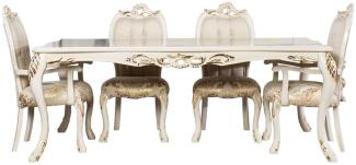 Casa Padrino Luxus Barock Esszimmer Set Weiß / Gold - 1 Barock Esstisch & 6 Barock Esszimmerstühle - Luxus Esszimmer Möbel im Barockstil - Prunkvolle Barock Esszimmer Möbel