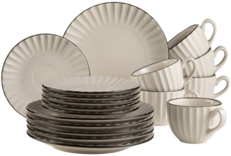 Retro Kaffeeservice fr 6 Personen in cremigem Wei mit schner Wellenform, 18-teiliges rundes Kaffeegeschirr Set mit Kaffeetassen, Untertassen und Dessertteller