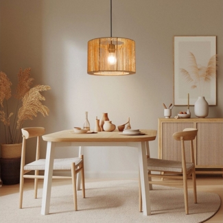 Zedelmaier Pendelleuchte Deckenleuchte hängend mit Stoff Lampenschirm E27 x 1/max. 40 W, Rattan Boho-Design