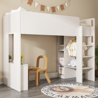 Ulife Hochbett 3-in-1 Holzbett mit Kleiderschrank, offenen Regaleinheiten (Ohne Matratze) Kinderbett mit Aufbewahrungsfächern und Treppe
