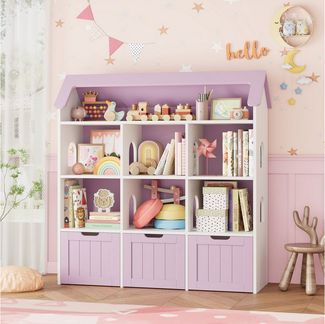 Homfa Kinderregal in Hausform mit 3 Spielzeugkisten auf Rollen, Spielzeugregal mit 7 offenen Fächern Spielzeugtruhe 117x120x30cm weiß