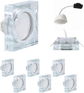 6er Set Einbauleuchtenn Glas Eckig 5W 3000K Warmweiss 230V 400 lumen inkl. austauschbare LED Modul geringe Einbautiefe10339