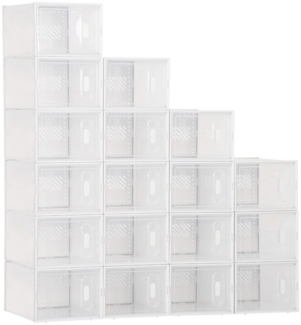 HOMCOM Schuhregal DIY Schuhbox Aufbewahrungsbox, stapelbar Schuhablage mit Tür 1-tlg, Kunststoff Transparent 35 x 25 x 19 cm
