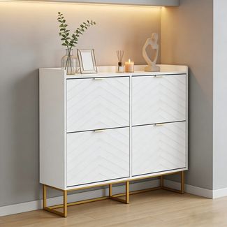 UEV Schuhschrank mit 4 Klappen, Schuhkipper Schmal, Schuhregal mit Metallfüße weiß (Packung, Modern Schuhaufbewahrung mit Oberplatte Schuhkommode mit Kippsicherung) trennwände verstellbar und abnehmbar für verschiedene Schuhtypen