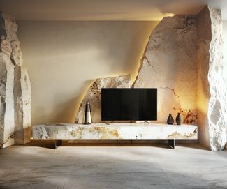 Lowboard Cuor 250 cm Keramik Minas Melange Weiß-Beige 1 Klappe 1 Schubfach Fuß Schwebeoptik Edelstahl