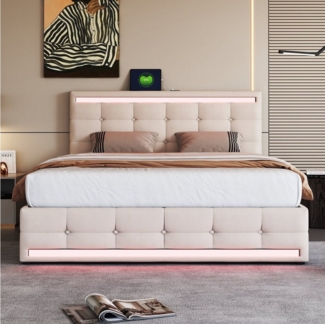HAUSS SPOLE Polsterbett 140x200 mit 4 Schubladen, LED-Licht, 2 USB-Ladestationen Leinen, Beige (140 * 200 ohne Matratze, Gepolstertes Plattformbett mit Stauraum), Hochwertiges Material