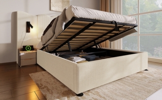 Polsterbett 180x200 cm mit hydraulischem Bettkasten, drehbarer Leselampe und USB‑C, Cordstoff Beige