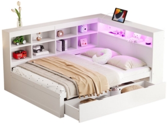 OKWISH Kinderbett Schlafsofa Funktionsbett Stauraumbett (Doppelbett Daybett Tagesbett mit USB-Steckdose, LED-Beleuchtung und viel Stauraum – Extra große Schubladen, Regale und Ablagefächer, ideal für Gästezimmer und moderne Schlafzimmer, für Erwachsene...