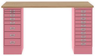 MultiDesk, 1 MultiDrawer mit 10 Schüben, 1 MultiDrawer mit 8 Schüben, Dekor natürliche Eiche, Farbe Pink, Maße: H 740 x B 1400 x T 600 mm