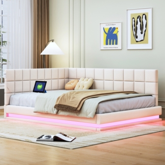 Polsterbett 140x200 cm aus Samt mit LED-Lichtstreifen und USB – Schlafsofa mit Stauraum