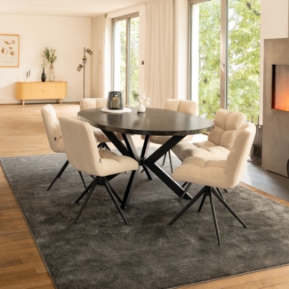 HOME DELUXE Essgruppe Rund Ausziehbar AVENTURA inkl. Sternfuß - 120-160 x 120 cm Dark Oak 6 Stühle Creme