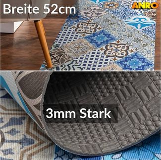 ANRO Küchenläufer LUIGI Porto Azul pflegeleicht hochwertig Flurläufer Küchenteppich, eckig, Höhe: 3 mm, Teppichläufer 100cm Majolica Blau wasserdicht