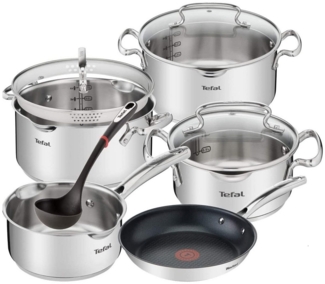 Tefal Topf-Set Duetto/G719S7, Edelstahl (9-tlg), Induktion Topf-Set mit Glasdeckel mit Siebfunktion mit Suppenkelle und Einlage Pfanne, Hochwertig polierte Edelstahl Töpfe mit Siebdeckel, Antihaft Bratpfanne, mit 20 cm Pfanne