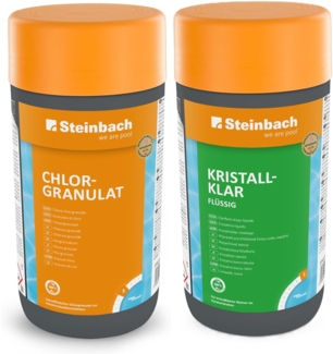Steinbach | Poolpflege Starter-Set | Chlorgranulat 1 kg + Kristallklar flüssig 1 l | Perfektes Set zur Reinigung und Wartung | Ideal zur Erstdosierung und Schockbehandlung
