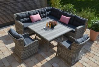 Ecklounge Bonaire Polyrattan mit großem Keramik Tisch + Bank + Hocker + 2 Comfort Sessel Silvia