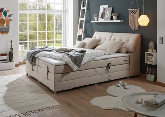 Concord 2 Boxspringbett 180x200 elektrisch verstellbar, Creme - Bequemes Doppelbett mit dekorativer Steppung & Komfortschaum Topper - 180 x 110 x 234 cm (B/H/T)