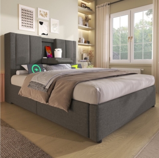 TavilaEcon Boxspringbett Hydraulisches Polsterbett mit verstecktem Becherhalter & Ladestation (1-St), mit U-förmige Eisenstange, 180×200cm, beige/grau