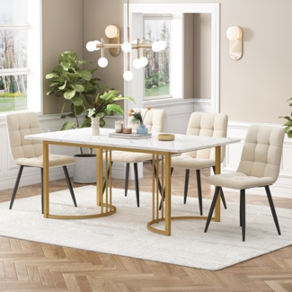 Essgruppe 5-tlg, Tisch marmorweiß/gold 140x80 cm, 4 Samtstühle beige