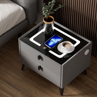 oyajia Nachttisch LED Nachttisch mit Wireless Charging, 2 Schubladen Nachtkommode, Moderner Nachttisch mit Touchsensor, Stauraum, USB/Type-C-Anschluss