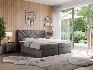 Boxspringbett, Polsterbett mit Multipocket-Matratzen und Topper, dekorativem Kopfteil, zwei Bettkästen - NEOMI - 180 x 200 cm - Dunkelgrau Velours - H3