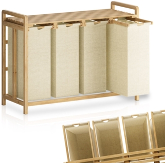 Juskys Bambus Wäschekorb Kory 4er Beige - Wäschesammler mit herausnehmbaren Fächern je 40 L - Wäschetrenner & Sortiersystem, Schmutzwäschebehälter