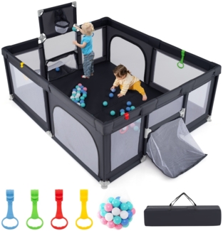 188 x 157 cm Baby Laufstall mit Basketballkorb Fußballtor faltbarem Kleinkind-Laufgitter mit Reißverschlusstür Dunkelgrau