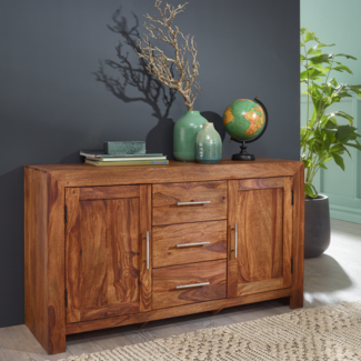 Wohnling MUMBAI Sideboard Massivholz Sheesham, 3 Schubladen 2 Türen, Landhaus-Stil