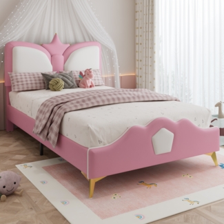 Kinder-Polsterbett 90x200 cm mit Kronen-Kopfteil in Rosa/Weiß/Gold, ohne Matratze