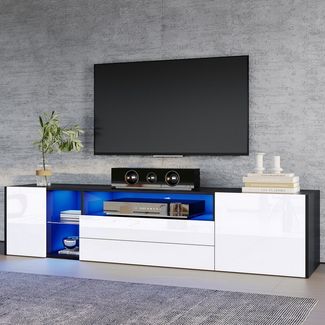 BlingBin Lowboard TV-Standschrank, TV-Schrank mit 2 Schubladen und 2 Schränken (Hochglanz-LED-Lowboard, 1 St, 180 x 40 x 45 cm), TV-Ständer für 75-Zoll-Fernseher, schwarz-weißer Spleiß-TV-Schrank