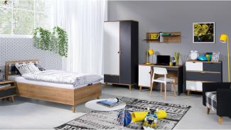 Stylefy Antares Kinderzimmer-Set V Wotan Eiche Graphit, (6-teilig), 1x Nachttisch, 1x Einzelbett, 1x Drehtürenschrank, 1x Schreibtisch, 1x Kommode, 1x Wandboard