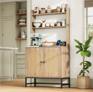 HAUSS SPOLE Sideboard Buffetschrank Rattan-Küchenschrank mit Kippschutz & Steckdose,Natur (Moderner Buffet-Schrank mit Eichenholz-Dekor, Rattan-Doppeltür, USB & 220V Steckdose, Offene Ablagen, Kippschutz für Küche & Wohnzimmer – Stilvolle Aufbewahrungs...