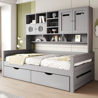 Odikalo Schlafsofa Schlafcouch Bettgestell mit Bettkästen oder Schubladen, 90x200, Holzsofa-Bett 90x200 cm, multifunktionaler Stauraum, große Schublade, Einzelbett, Jugendbett, Lattenrost, grau (Ohne Matratze), für Kinder, mit Ablageböden und Bettkas...